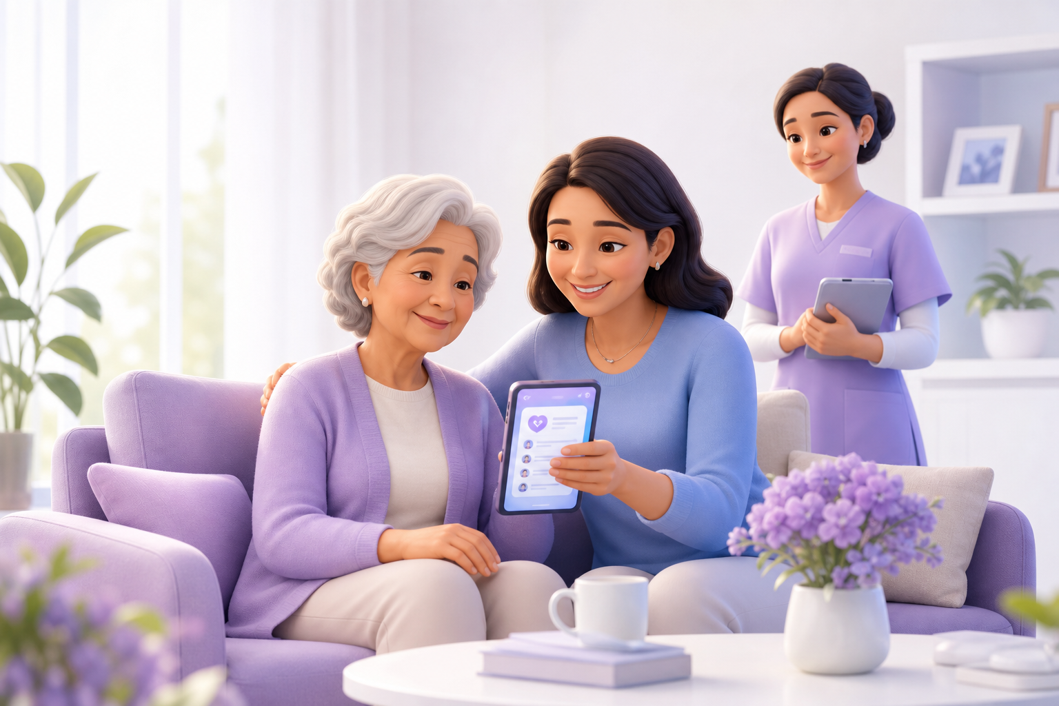 Family member sharing care updates with an older loved one